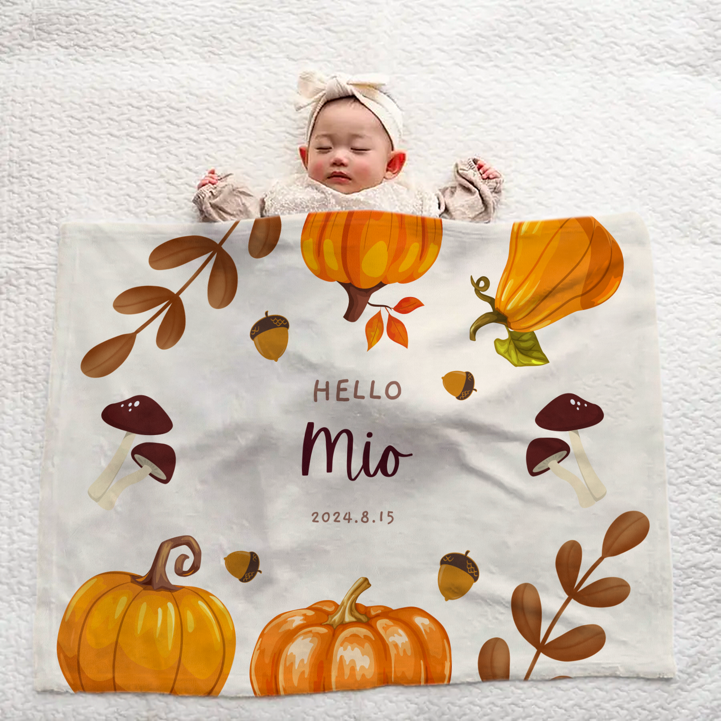 Personalized Large Baby Blanket – Pumpkin, Mushroom & Hazelnut Design