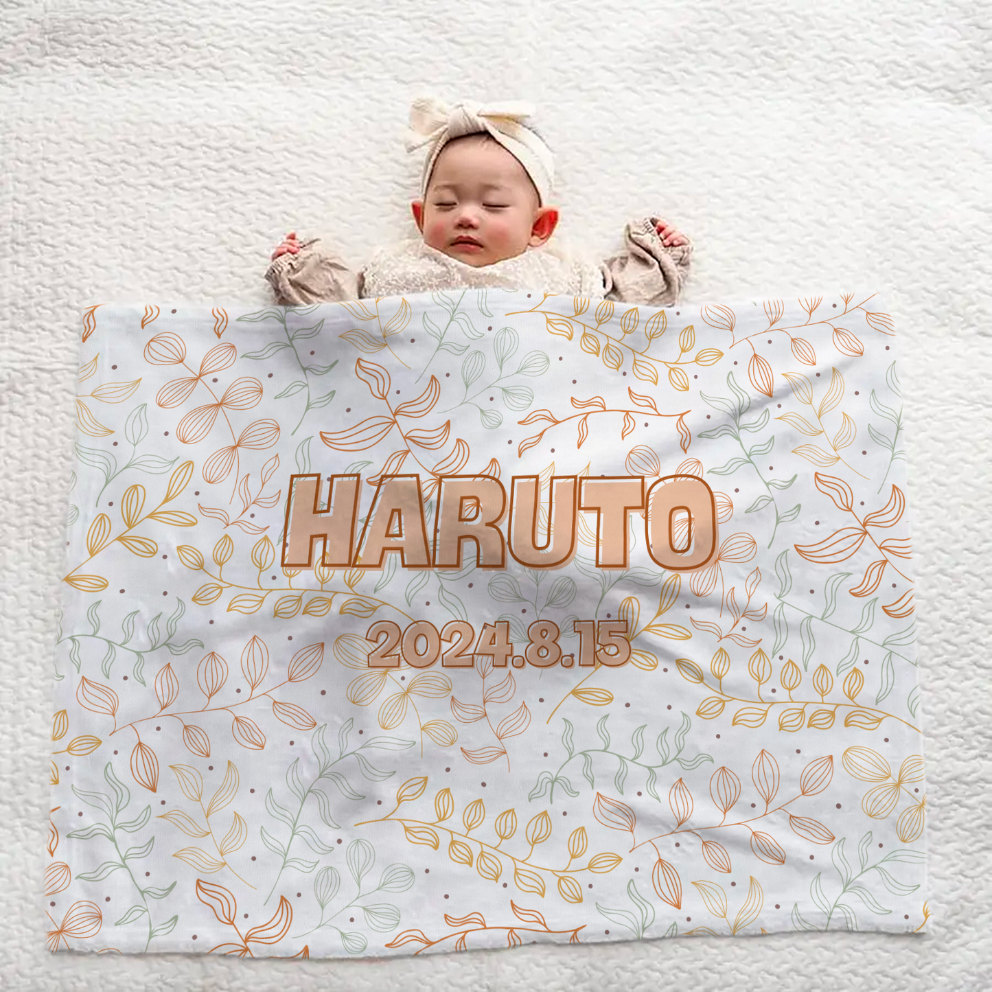 Custom Baby Blanket with Name – Modern Leaf Line Pattern