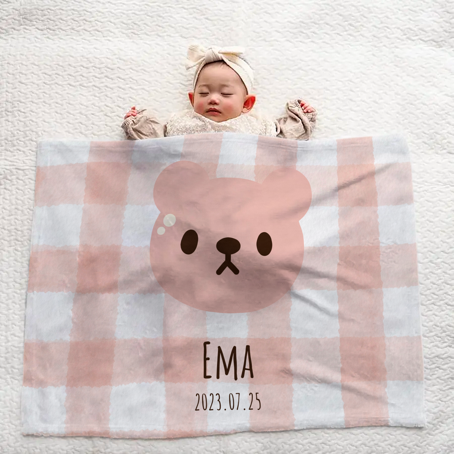 Custom Name Large Baby Blanket – Adorable Pink Bear