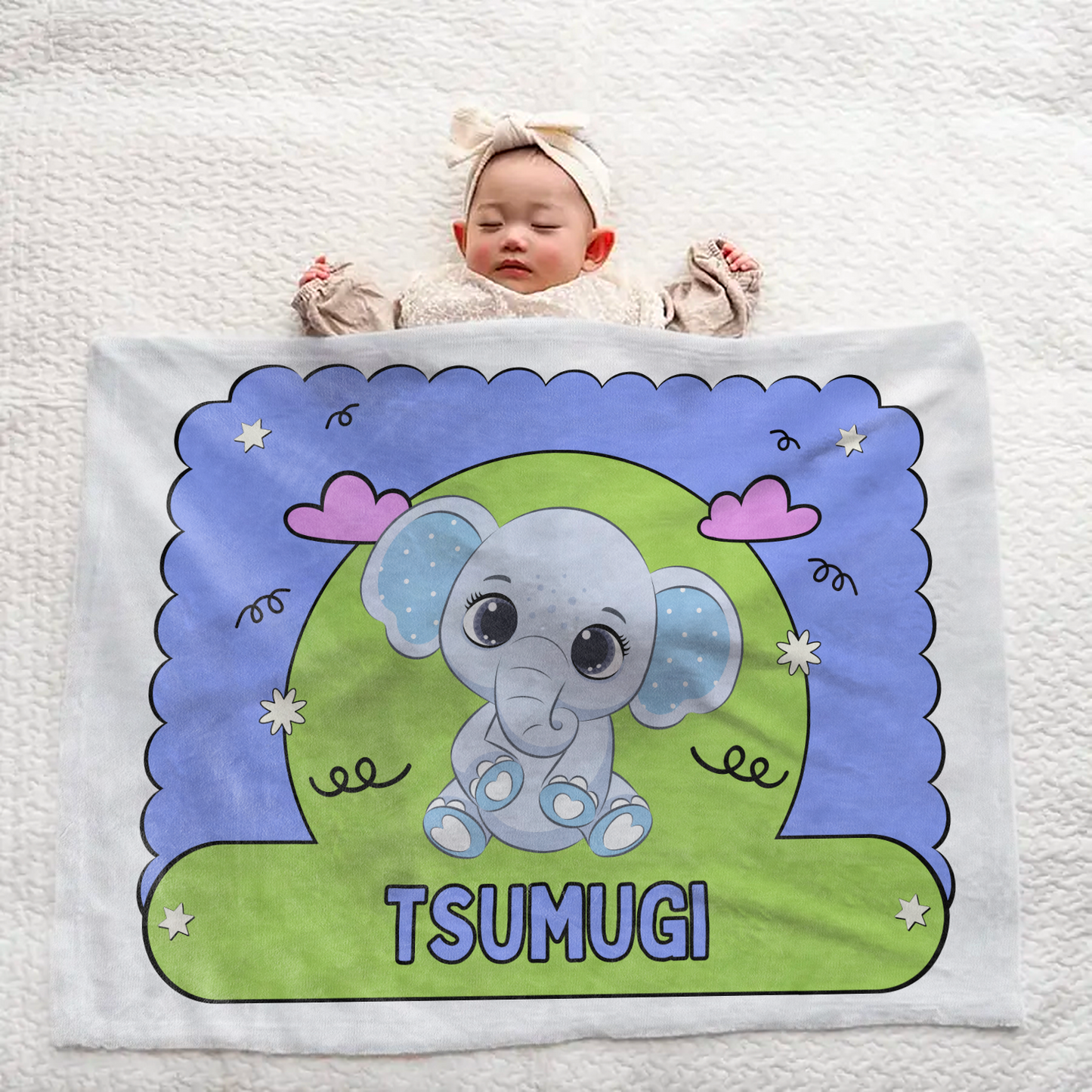 Large Personalized Baby Blanket with Name – Cute Elephant Design