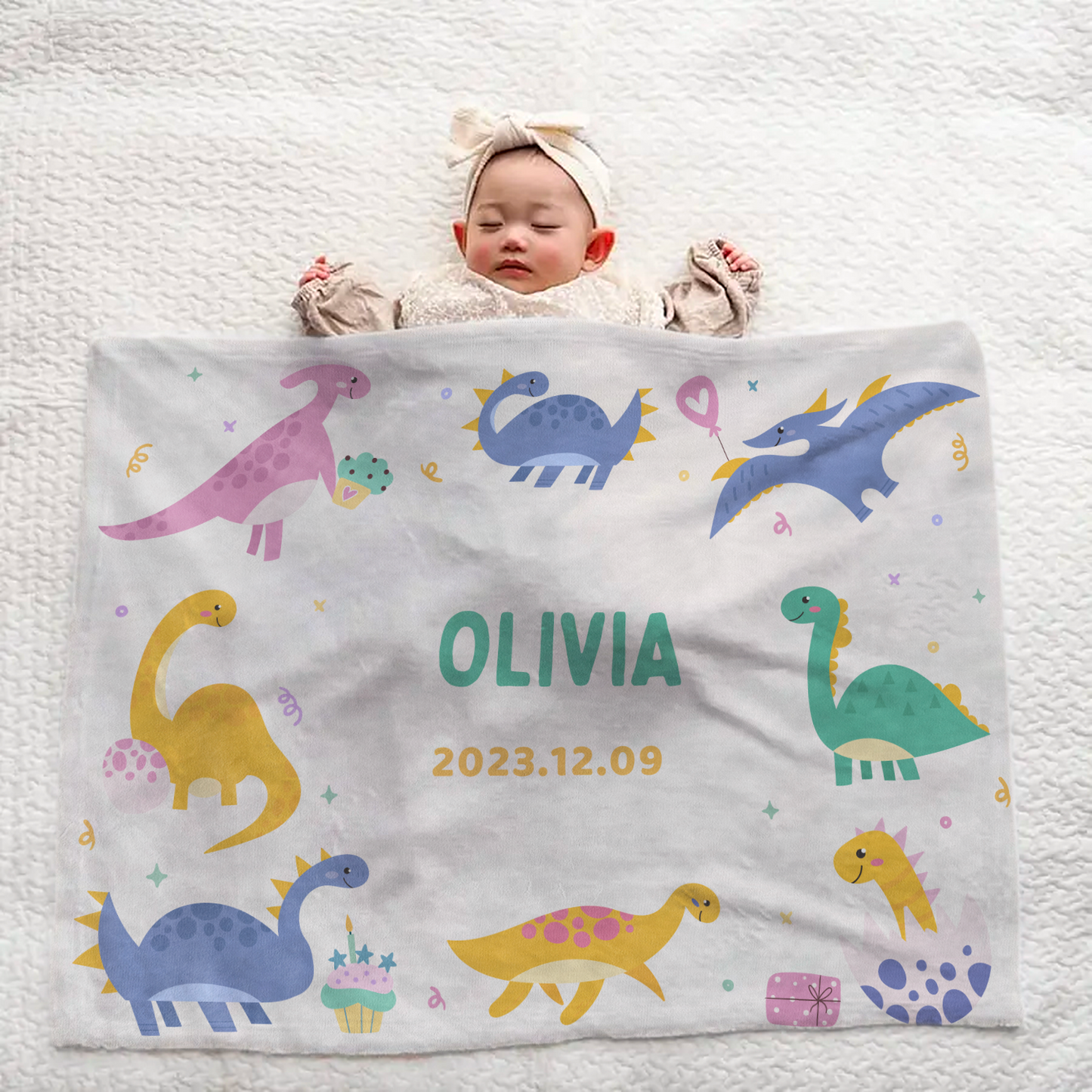 Custom Baby Name Blanket — Large Size with Cute Dinosaur (Dino) Pattern
