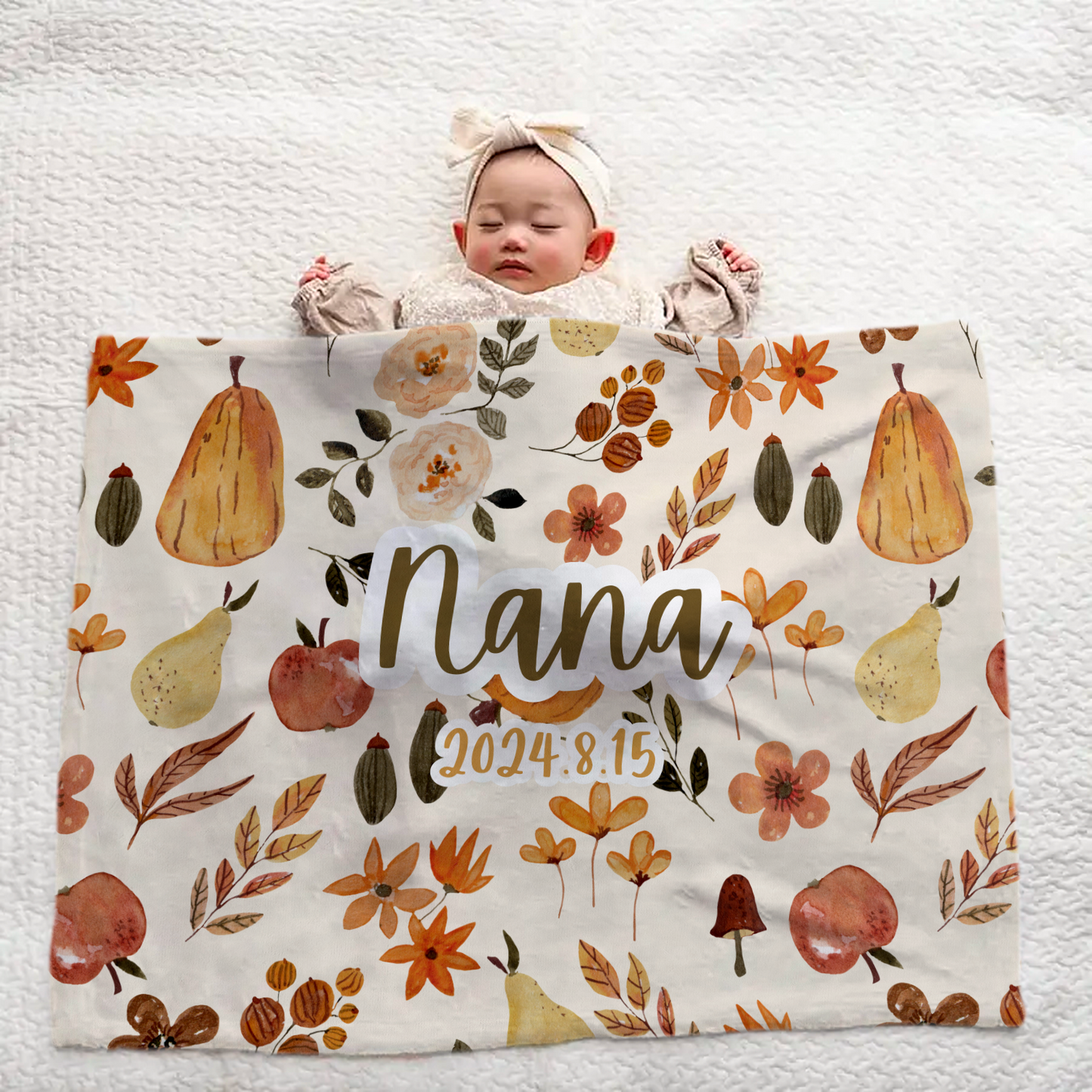 Custom Baby Blanket with Name – Large Cozy Blanket Featuring Autumn Leaves & Fruit