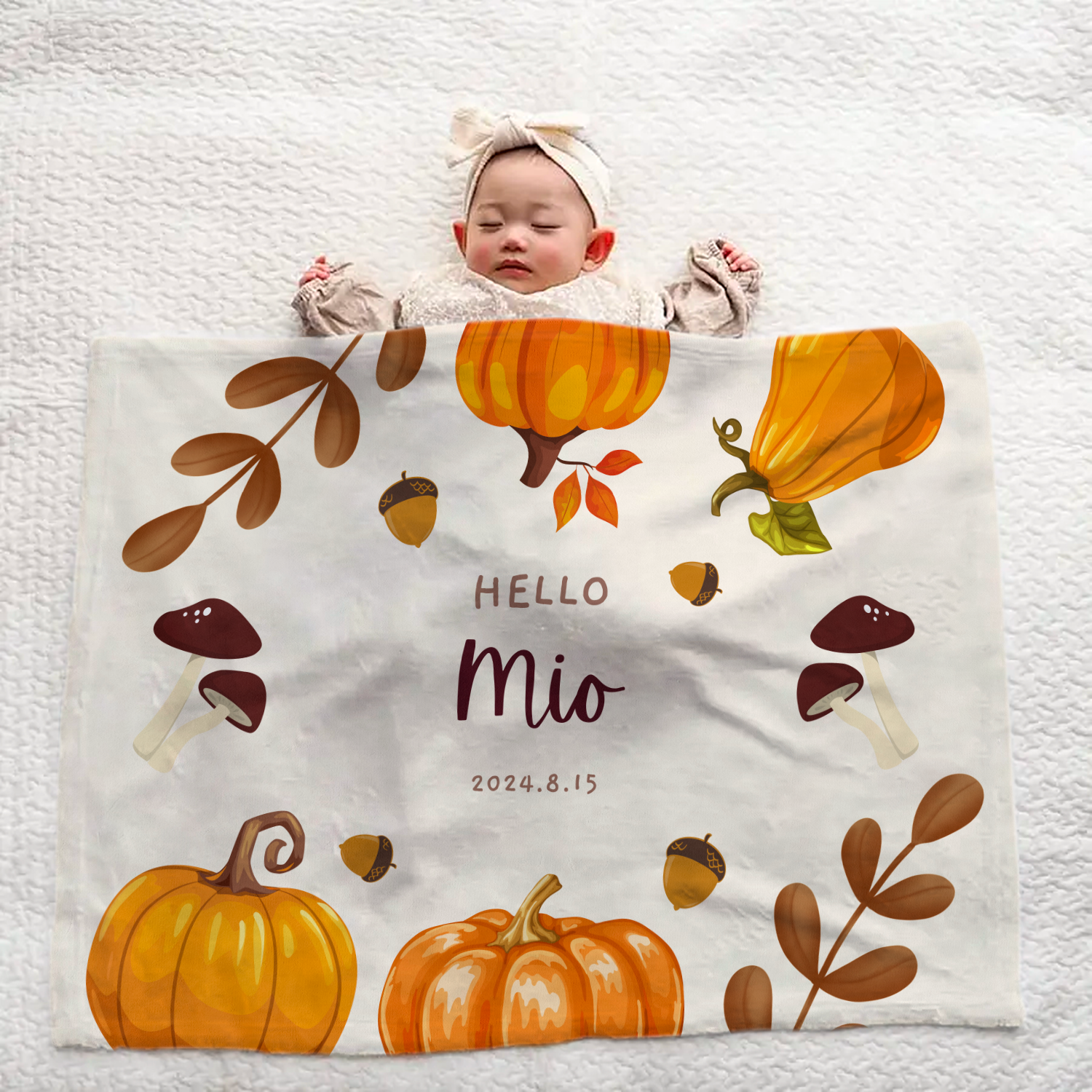 Personalized Large Baby Blanket | Pumpkin, Mushroom & Hazelnut Design