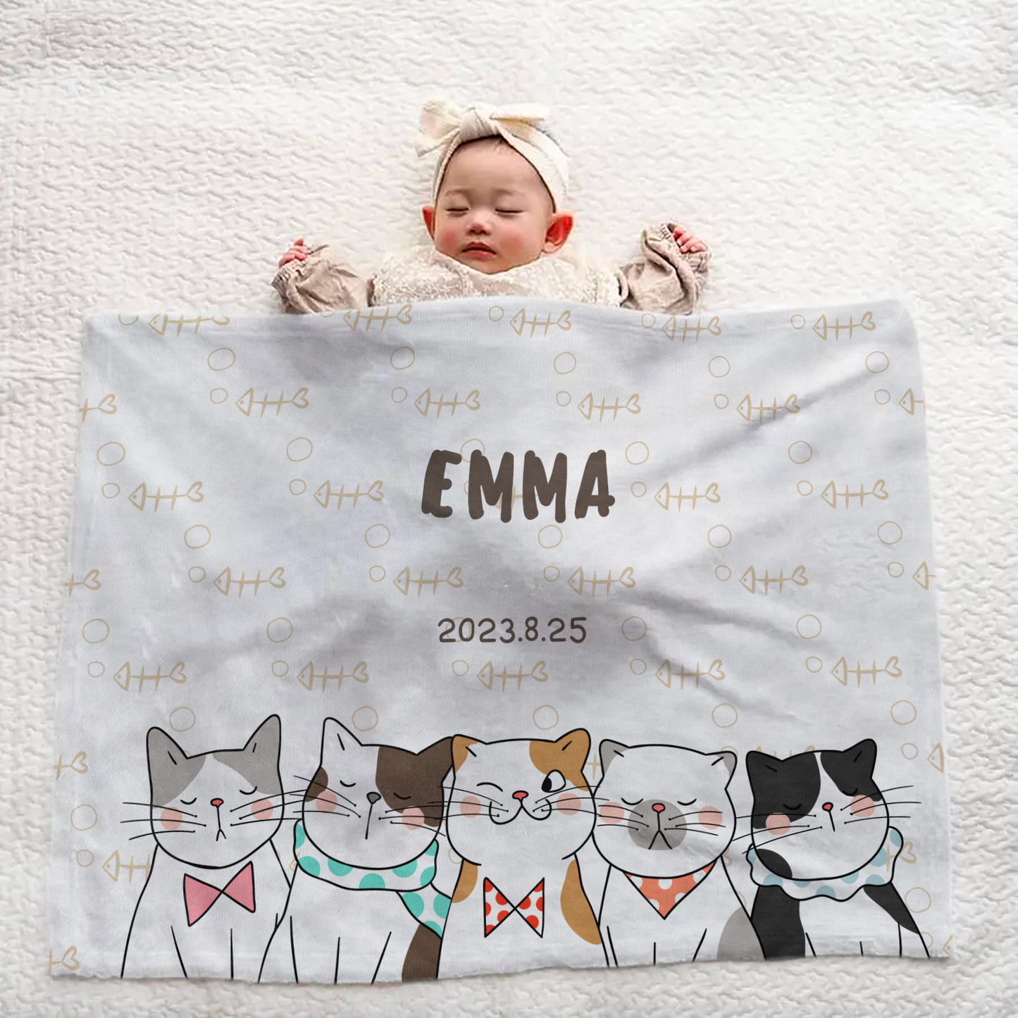 Personalized Baby Blanket | Cat & Fishbone Design | Newborn Gift