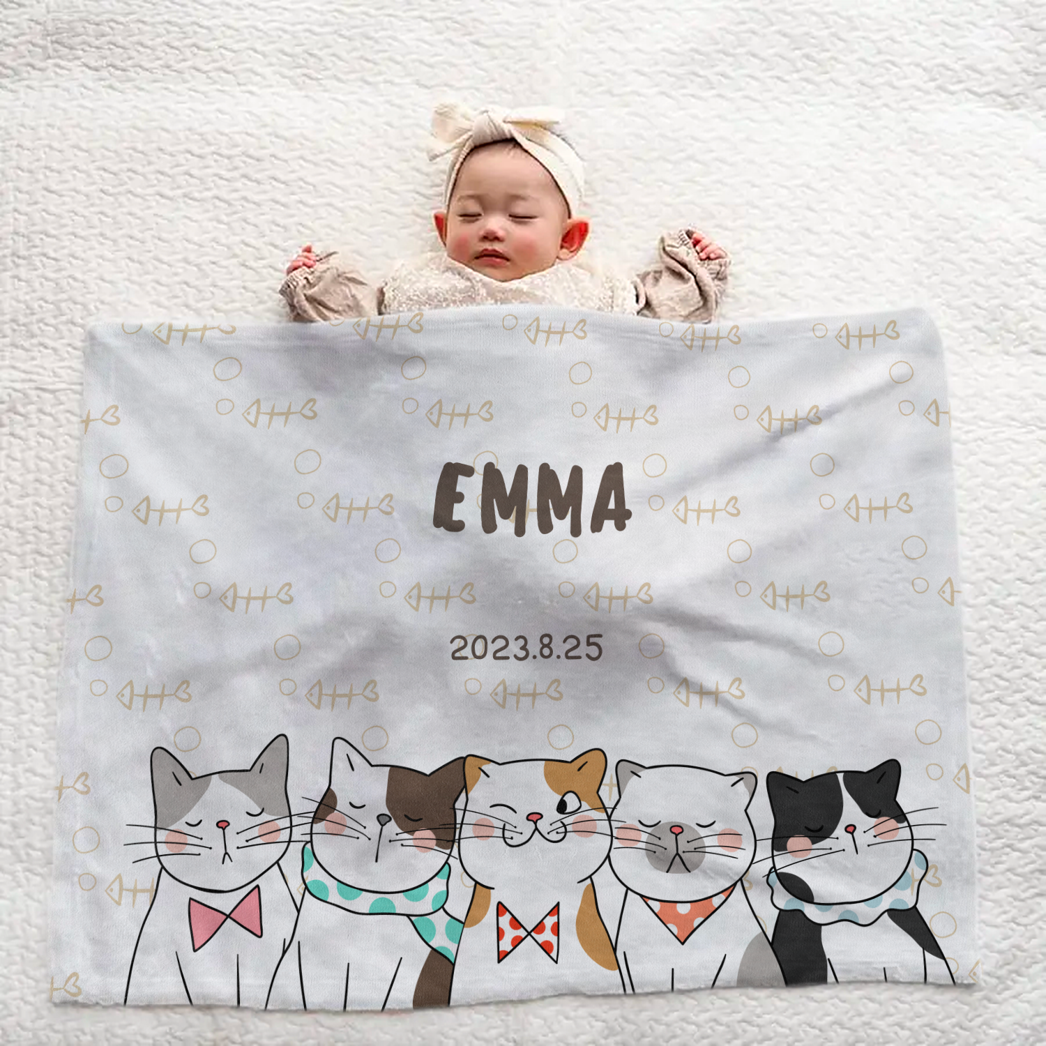 Personalized Baby Blanket | Cat & Fishbone Design | Newborn Gift