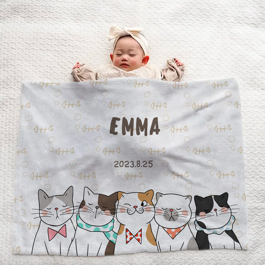 Personalized Baby Blanket | Cat & Fishbone Design | Newborn Gift