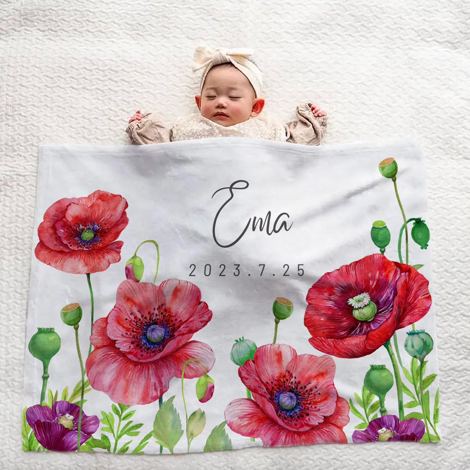Personalized Baby Blanket for Girls -  Red Floral