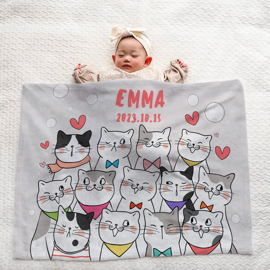 Personalized Baby Blanket | Large | Cat Family Design | Newborn Gift