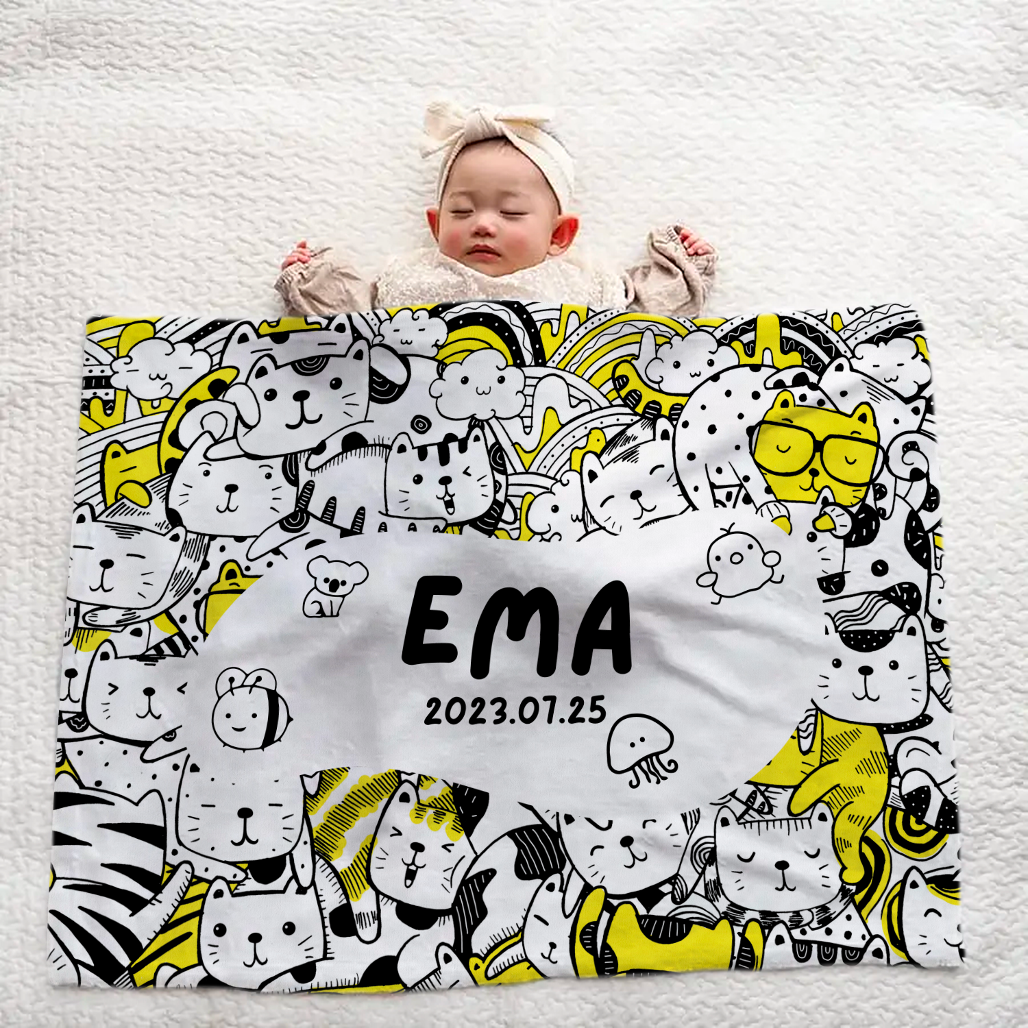 Custom Name Large Baby Blanket - Cute Doodle Style