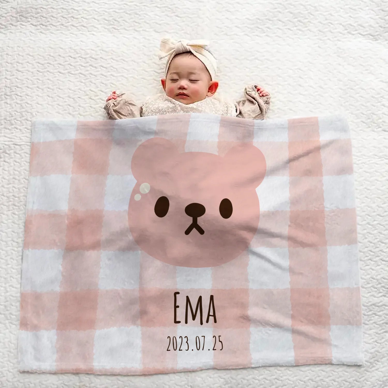 Custom Name Large Baby Blanket - Adorable Pink Bear