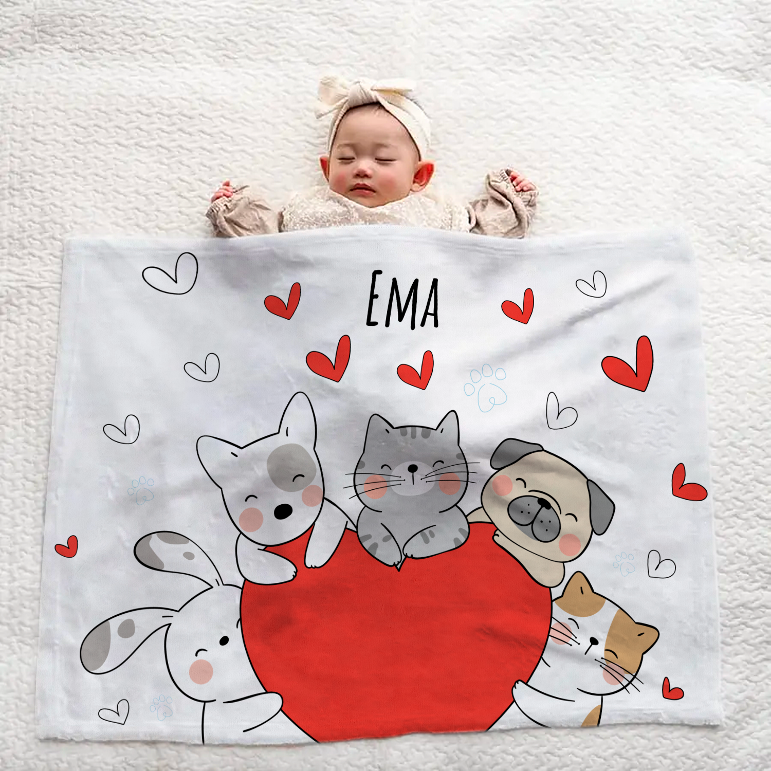 Custom Name Large Baby Blanket - Adorable Animal Design