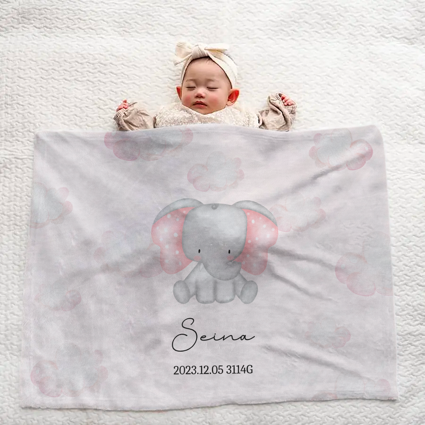 Personalized Baby Blanket | Large | Pink Elephant & Clouds