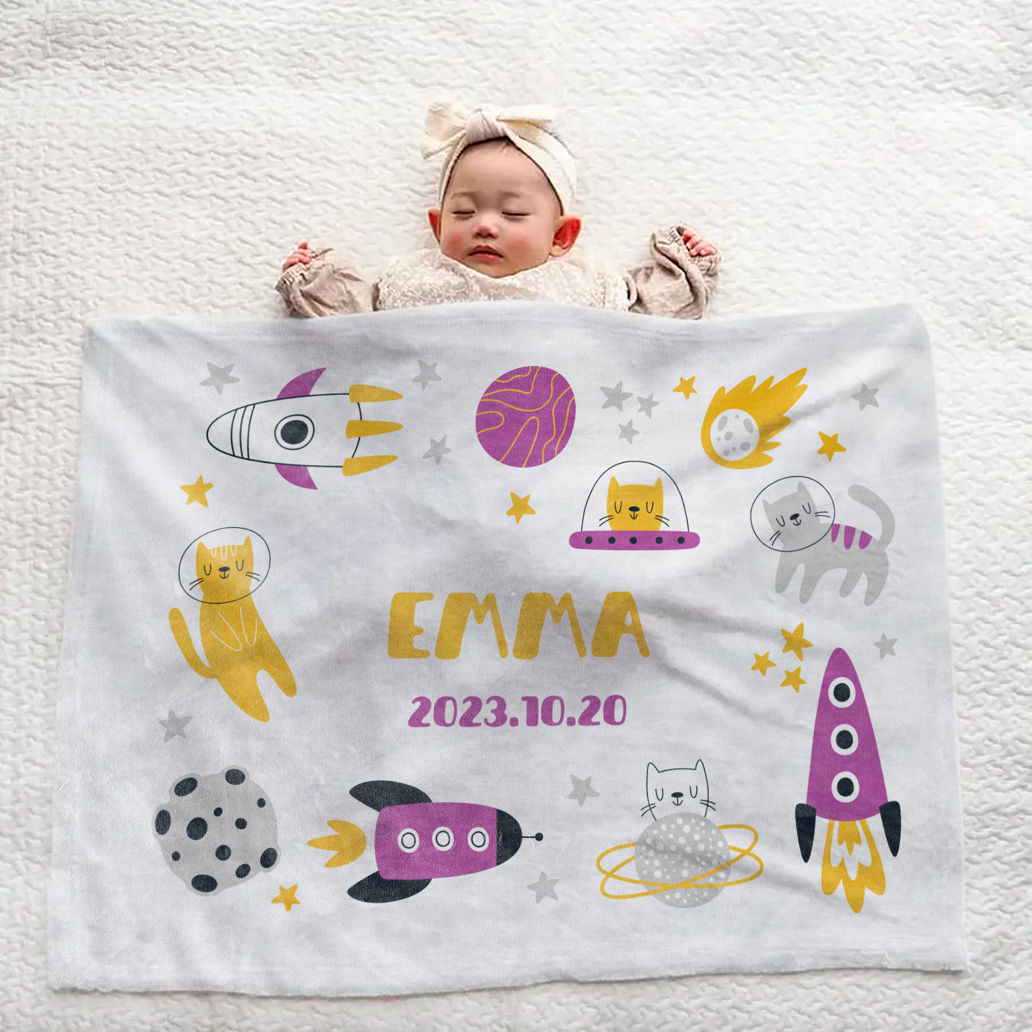 Personalized Baby Blanket - Space Cat Rocket Design