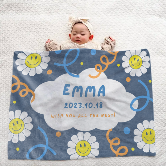 Custom Name Large Baby Blanket – Cute Smiling Flower Design for Boys & Girls