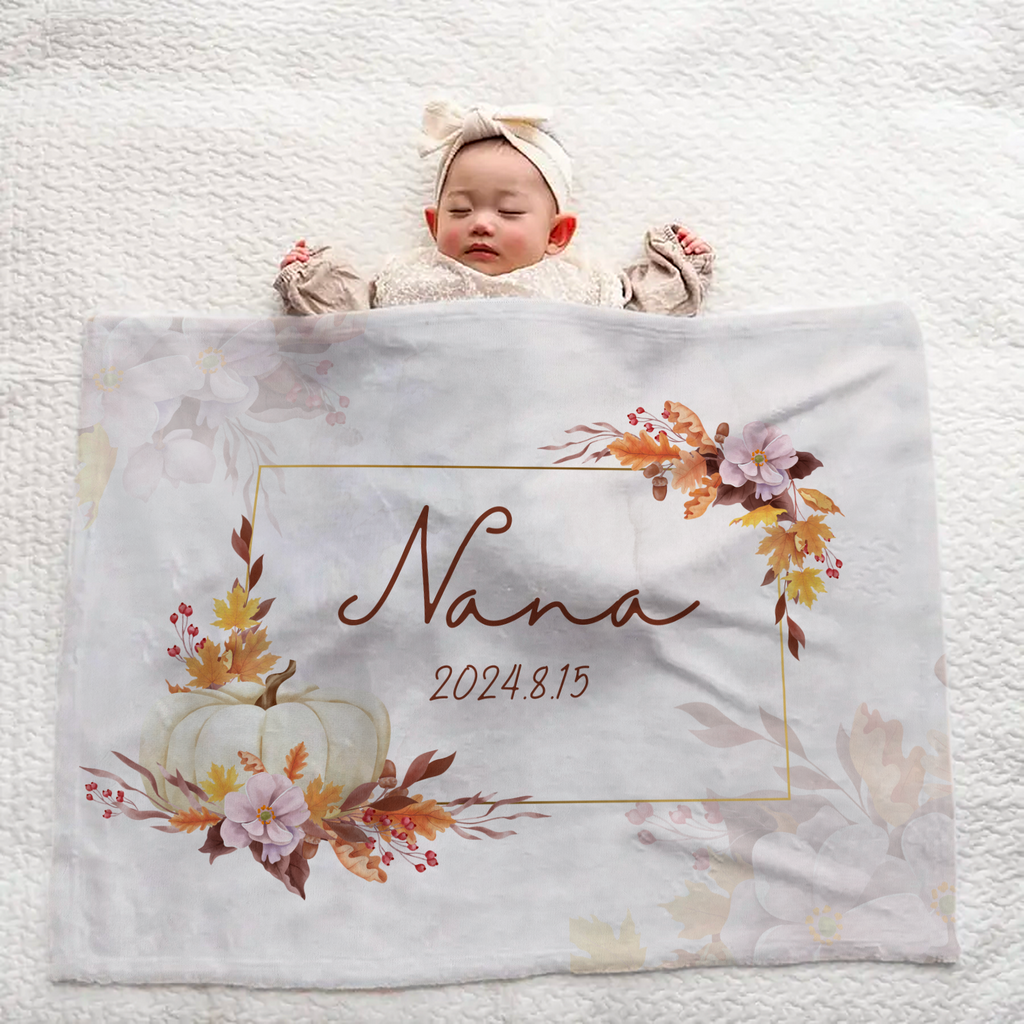 Custom Baby Blanket with Name – Cozy Pumpkin & Floral Pattern