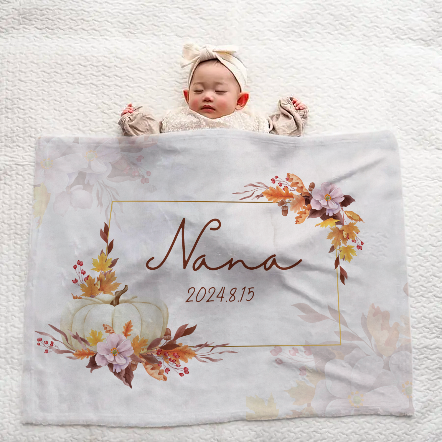 Custom Baby Blanket with Name – Cozy Pumpkin & Floral Pattern