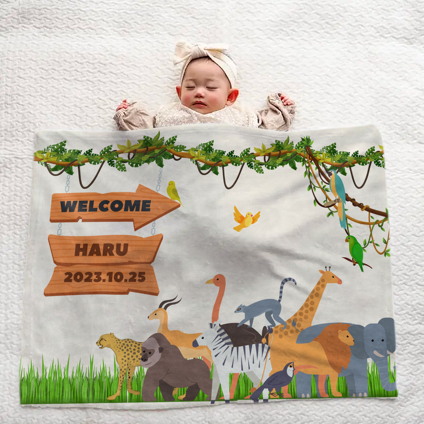 Custom Name Blanket – Cute Animals Saying Welcome