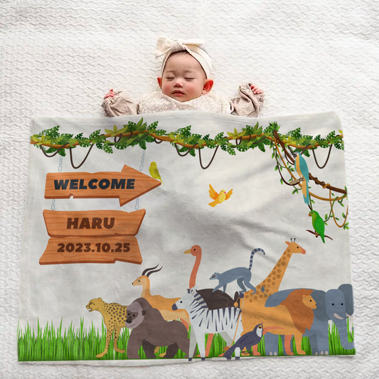 Custom Name Blanket – Cute Animals Saying Welcome