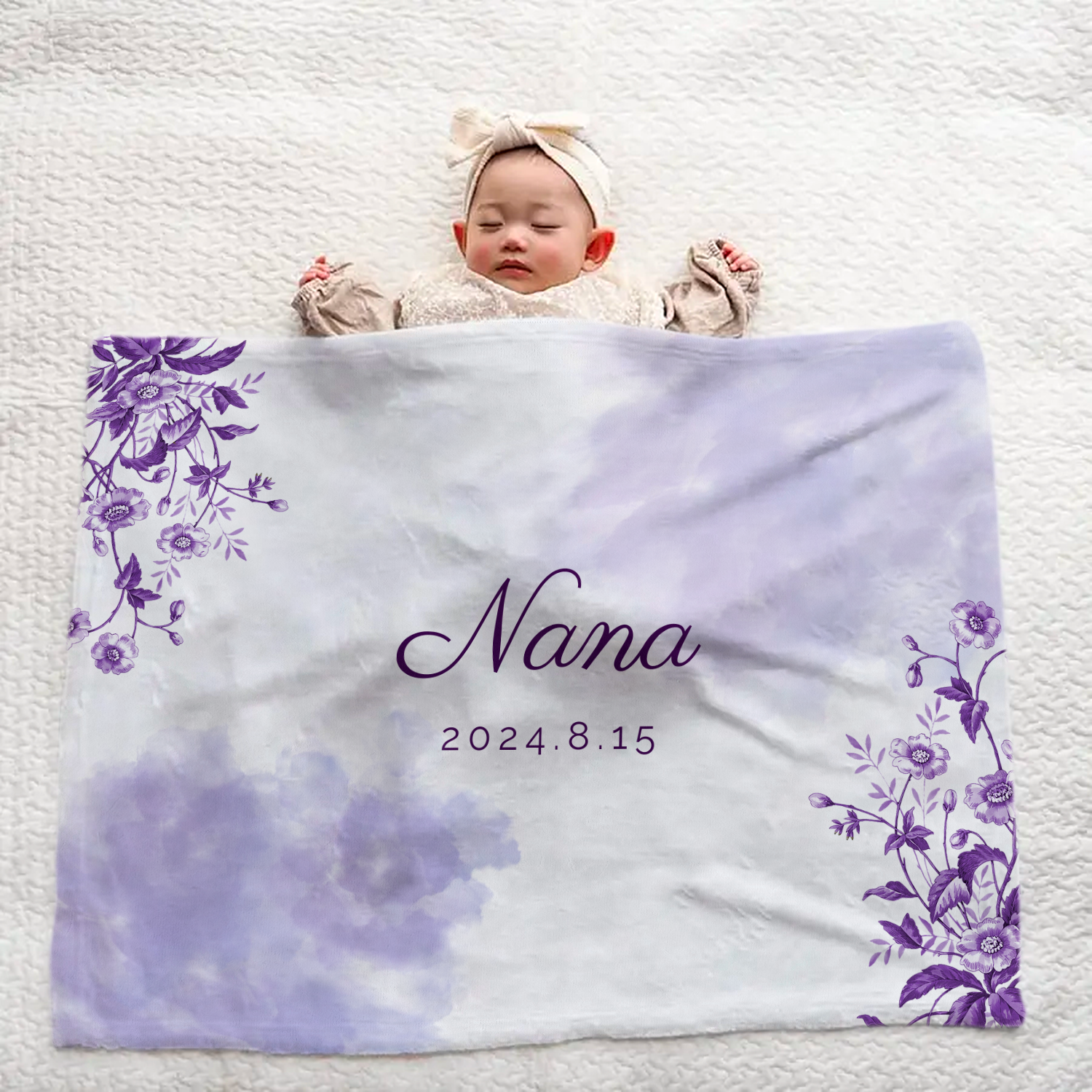 Custom Baby Blanket with Name – Cozy Purple Flower Pattern