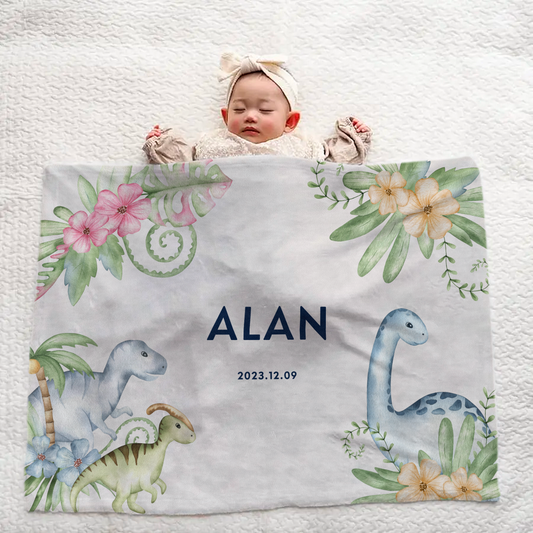 Custom Baby Name Blanket — Large Size — Ideal Gift for Newborns — Dinosaur Theme