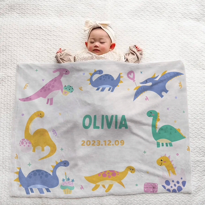 Custom Baby Name Blanket — Large Size with Cute Dinosaur (Dino) Pattern