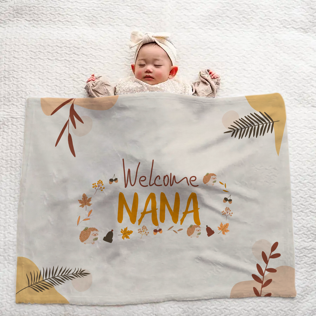 Personalized Large Baby Blanket | Autumn Leaves and Hedgehog Design