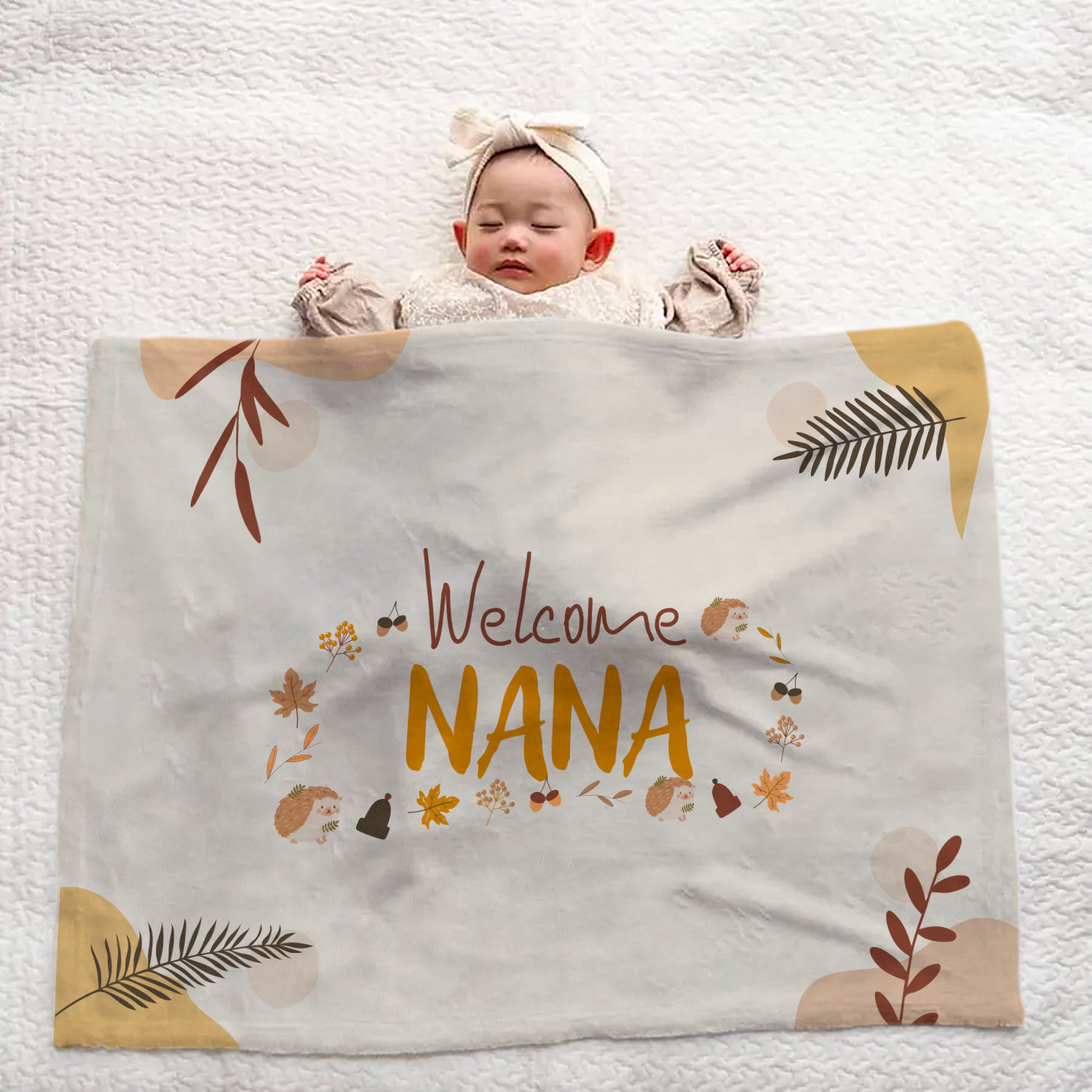 Personalized Large Baby Blanket | Autumn Leaves and Hedgehog Design