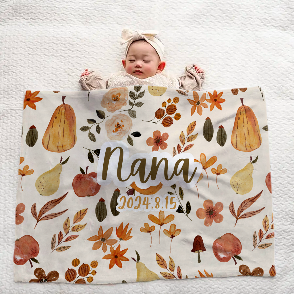 Custom Baby Blanket with Name โ€“ Large Cozy Blanket Featuring Autumn Leaves & Fruit