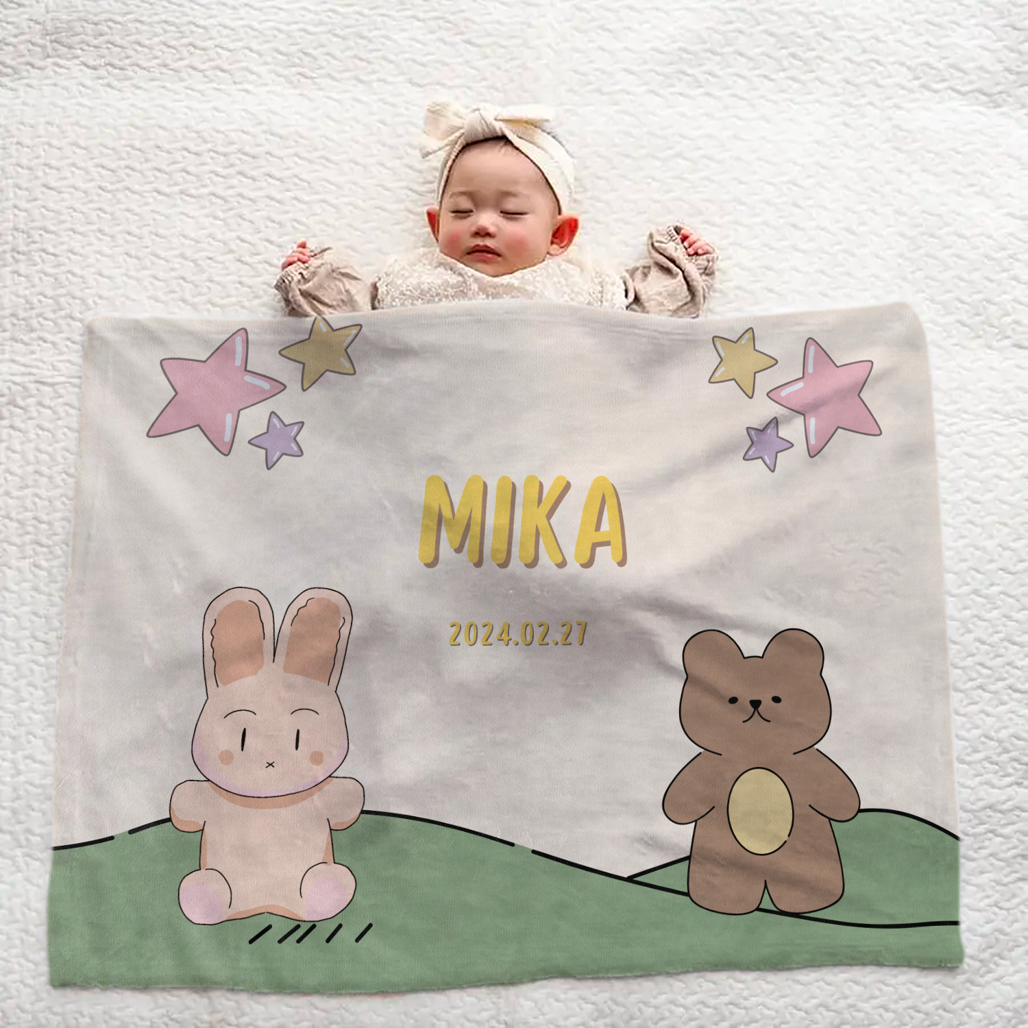 Personalized Large Baby Blanket | Cute Rabbit and Bear Design