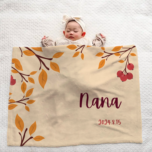 Personalized Large Baby Blanket – Autumn Leaves & Fruit Design