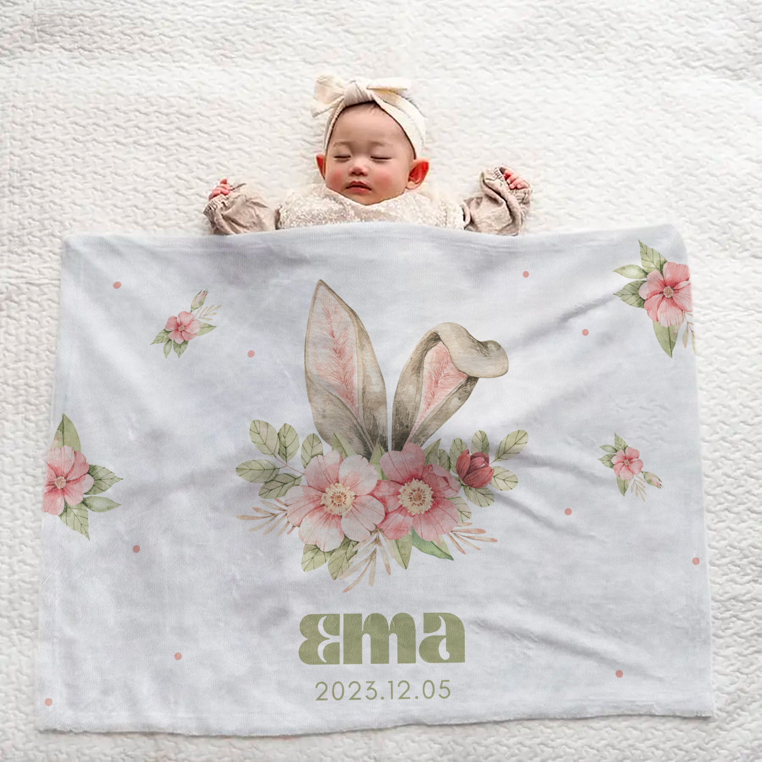 Custom Baby Blanket | Flower and Rabbit Pattern